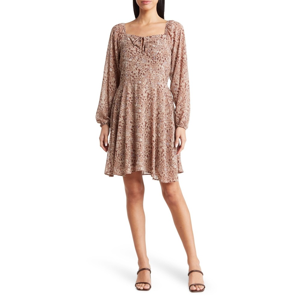 Kenedik Dress Womens Large Mocha Chambray Animal Print Smocked Woodland‎ Fairy